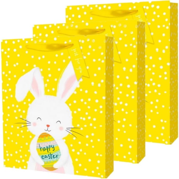Pakkaus, jossa on 3 poikasen kanan lahjapussi Pääsiäinen keskikokoinen/suuri - käärenauhalahjalappu Lahjamunat (poikaset, keskikokoiset)_Newway Gifts Rabbit Medium