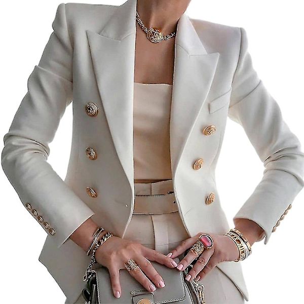 Dame Dobbelbryst Blazer Jakke Lang Erme Kragejakke Høst Høst Casual Slim Fit Yttertøy White S