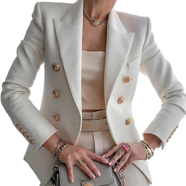 Kvinnors dubbelknäppt Blazerjacka Långärmad Kragekappa Höst Casual Slim Fit Ytterkläder White L