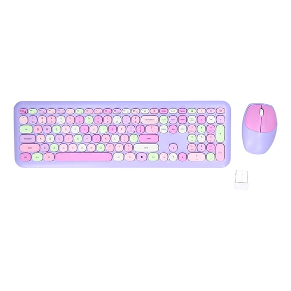 Retro Multi Color 2.4G Wireless Keyboard and Mouse Combo, Mute Cover, Purple