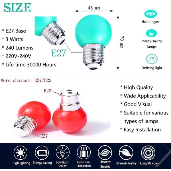 Fargede LED-pærer E27 3w=30w Dekorativt og Designlys 240 Lumens Ac220v-240v Dekorasjonslampe Blandede farger Rød Gul Blå Grønn - Pakke med 40 [energ