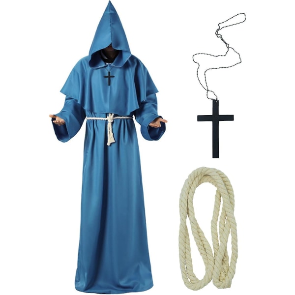Unisex voksen middelalderkåbe kostume munk hættekåbe kappe broder præst troldmand halloween tunika kostume 3 stk. Blue X-Large