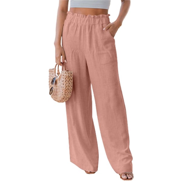 Kvinder elastisk flæsetalje almindelige bukser Casual løse lange bukser med lommer Pink L