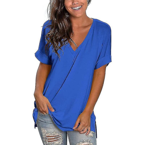 Dametøj T-shirt Sommer Tops 2022 Sommer V-hals Løstsiddende Casual Blue Xxl