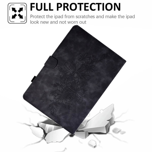 Täysin suojattu tablet- case Samsung Galaxy Tab A8 10.5 (2021) X200 / X205 Butterfly Flower -kukkakuviolle painettu pu-nahkainen ompeluviiva Pudotuksenesto T Black
