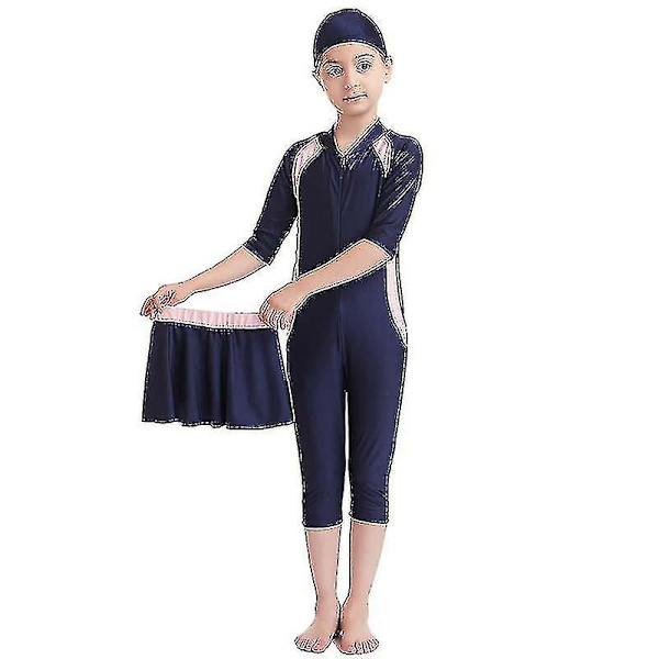 Muslimsk flickbadkläder Islamisk barnkläder Blygsam Burkini Badkläder för strand Navy Blue 12-13 Years