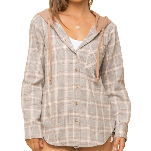 Kvinder plaid langærmet skjorte afslappet hættetrøje top knappet jakke Grey L