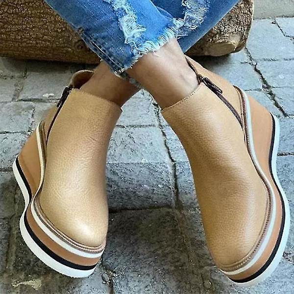 Dames Premium Solid Farvede Kile Ankelstøvler Runde Tå Fodtøj Kiler Casual Sko Mode Gold 43