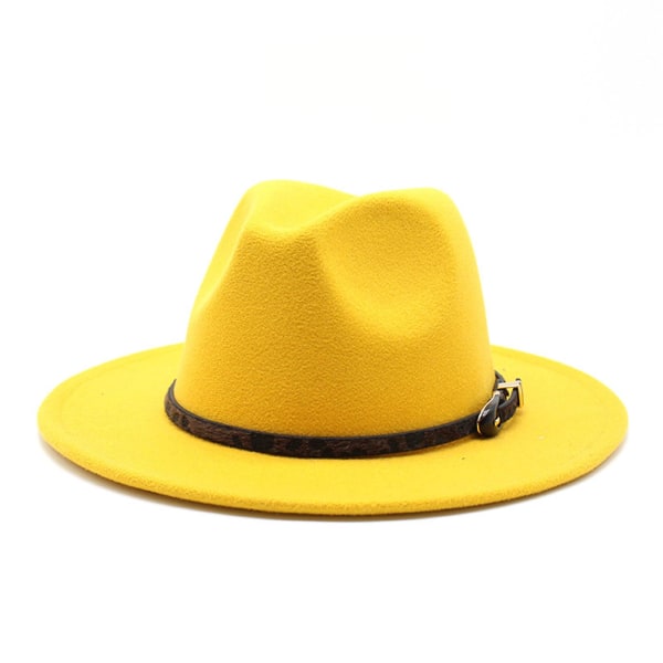 Unisex bredbrättad Fedora-hatt Filt Panamahatt med bältesspänne Present för födelsedag Alla hjärtans dag Yellow