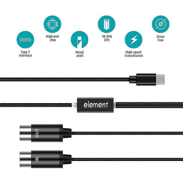 USB-C til MIDI-kabelkonverterer med indikatorlampe for elektronisk datamaskin