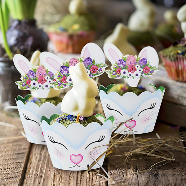 24kpl Pääsiäispupu-Cupcake-Kääreet Paperiset Kakku-Koristeet Pupun Muotoiset Lautasliinat Vauvakutsuihin Syntymäpäiville Pääsiäisjuhliin Koristeluun 12set cake decor