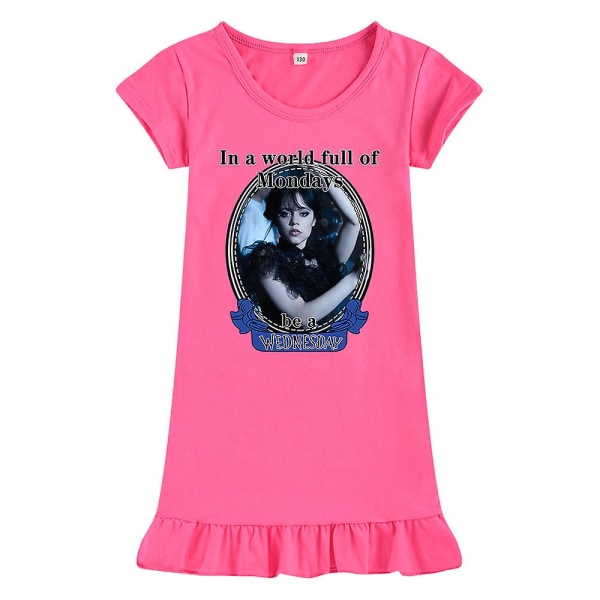 Børn Børn Piger Onsdag Addams Printet Addams Family Theme Sleep Dress Kortærmet Sommer Rundhals Løs rose red 130