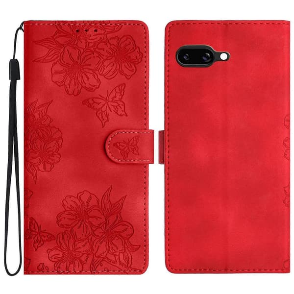 Kirsebærblomst Sommerfugl Hudfølelse Præget PU Telefoncover Red Compatible with Google Pixel 9a