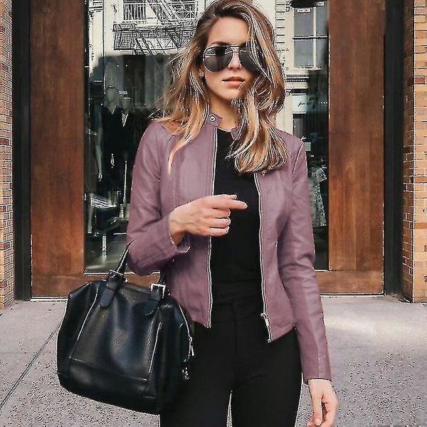 Solid Fall Kvinne Sykkeljakke Kunstlær Yttertøy Glidelås Antrekk Vår Høst Kvinne Mote Kort Tynn Kvinne Jakke Frakk Rask Style B Light Purple L
