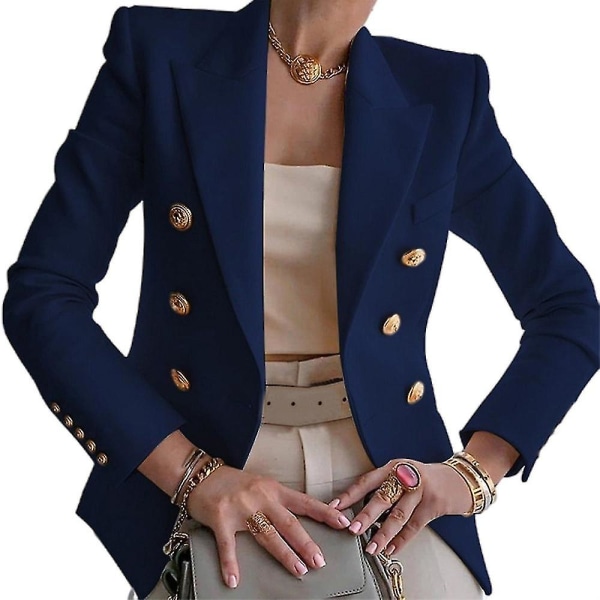 Dobbeltspent blazerjakke for kvinner med lange ermer jakkeslag Høst Høst Uformelt Slim Fit Yttertøy Navy Blue 2XL