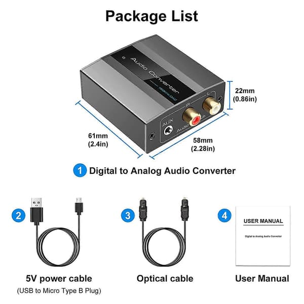 Optisk til omformer lydomformer digital til analog lyd koaksial til adapter 3,5 mm AUX med optisk kabel silver grey