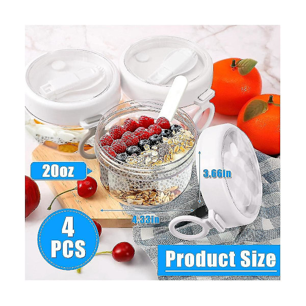 4 stk. Overnight Oats Beholder med Låg og Skeer, 20oz Overnight Oats Glas Lufttætte Yoghurtbeholdere