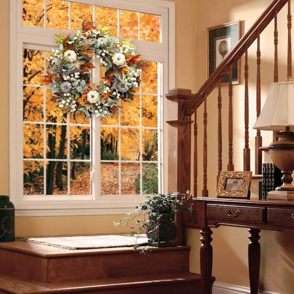 Efterårskrans til hoveddøren, kunstig efterårskrans med ahornblad, hvide græskar og bær til Thanksgiving vinduesvægdekoration M