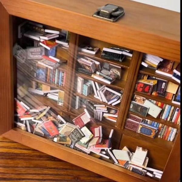 Ångest bokhylla Skaka bort din ångest, handgjord bokhylla i miniatyr trä