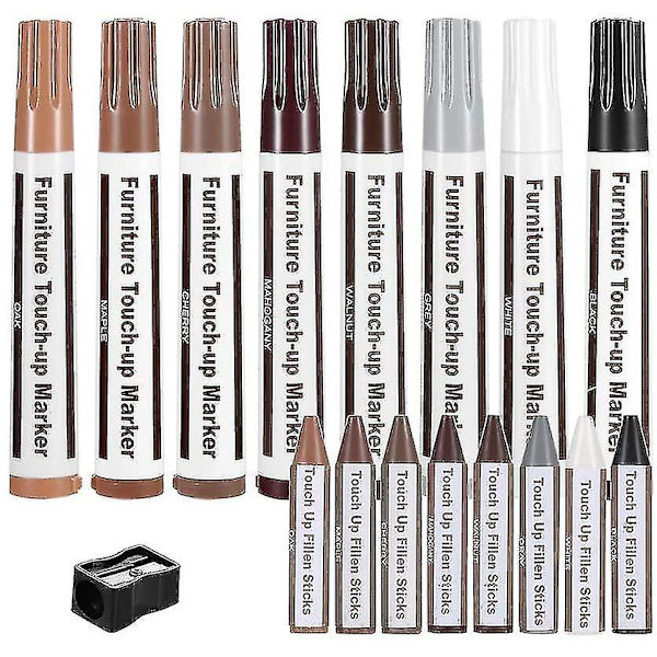 Möbelreparationsset, träpennor för touch-up, laminat-reparation, vaxstift för träreparation, möbelmarkörer för touch-up, set med 17 markörer och vaxstift