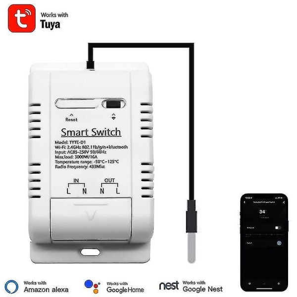 Wifi-lämpötilakytkin 16a Tuya Smart Rf433 älykäs termostaatti Ds18b20 lämpötila-anturi vedenpitävä reaaliaikainen näyttö