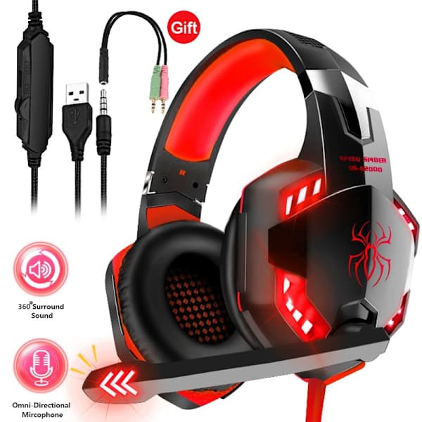 Gaming Headset Over-Ear med Mikrofon, Kablede Hovedtelefoner til PC PS4 Xbox Rød ed