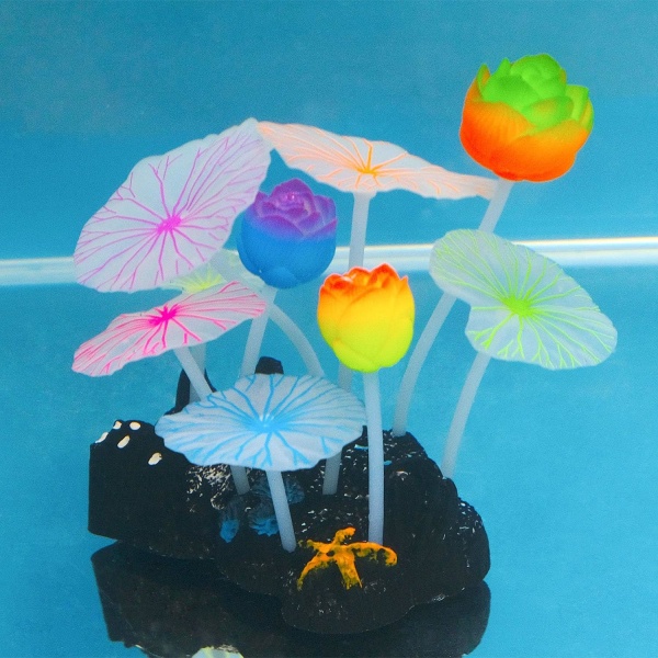 Glødende effekt Lotus Ornament Silikon Dekor Aquarium for Fish Tank med sugekopp