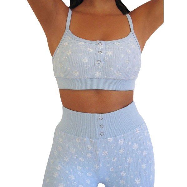 Naisten 2-osainen kukallinen setti Y2k pitkähihainen crop-top ohut T-paita korkeavyötäröiset shortsit asut loungewear Blue L