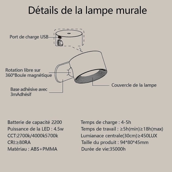 Innendørs vegglampe, berøringsstyrt LED-vegglampe med USB-lading, berøringskontroll, 3 lysstyrkenivåer, 3 temperaturer, 360° roterbar nattlampe til soverommet