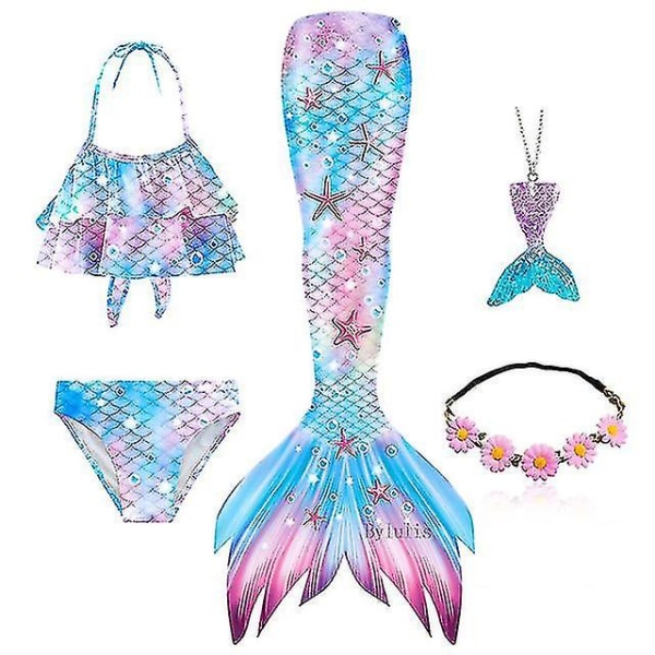 5 stk/sett Jenter Mermaid Tail Badedrakt Barn Mermaid Ariel Cosplay Kostyme Fantasy Beach Bikini Set 4 120