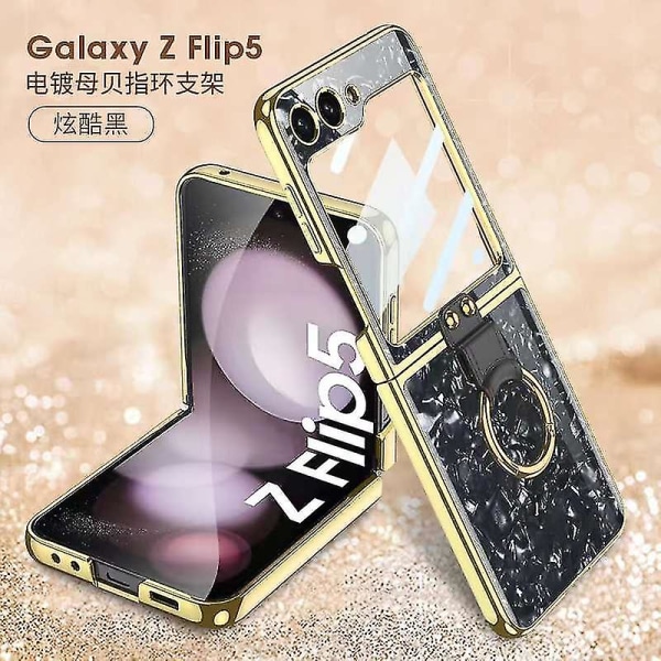 Z Flip 5 Case, Case Till Samsung Galaxy Z Flip 5 Med Skärmskydd & Ringhållare, PC Hårdplätering Z Flip 5 Case Black