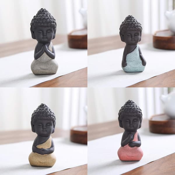 4 stk. Mini Søde Keramiske Buddha Statuer, Små Bedårende Munk Figurer