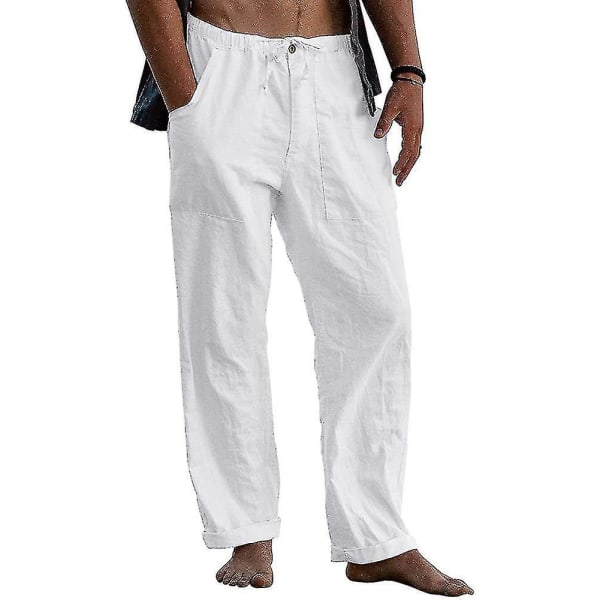 Mænd hørbukser Casual strandbukser 6 farver White XL