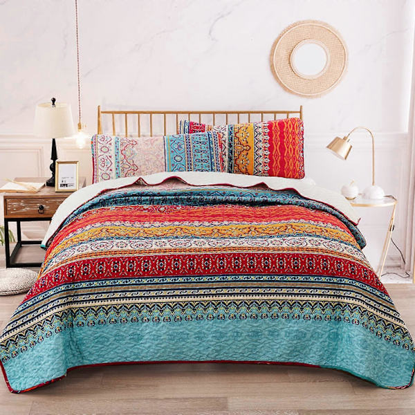 Bohemian Quilted Bedspread Double 3 Piece Patchwork Bedspread Reversible Soft Microfiber Bedding 220*240cm