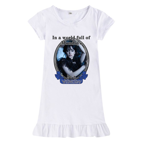 Børn Børn Piger Onsdag Addams Printet Addams Family Theme Sleep Dress Kortærmet Sommer Rundhals Løs white 100