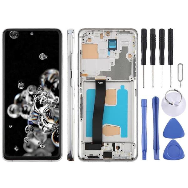 För Samsung Galaxy S20 Ultra SM-G988B 6,78 tum TFT LCD-skärm Digitizer Komplett Montering med Ram, Stöder Inte Fingeravtrycksidentifiering Silver