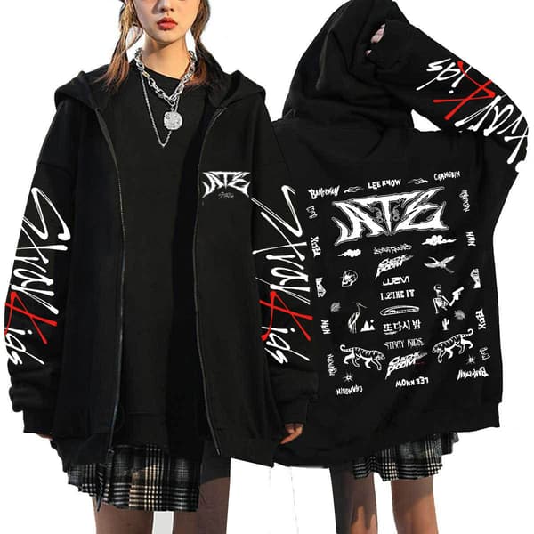 Stray Kids ATZ Sanger Hettegenser Løs Hettegenser Svart 9 Black 9 S