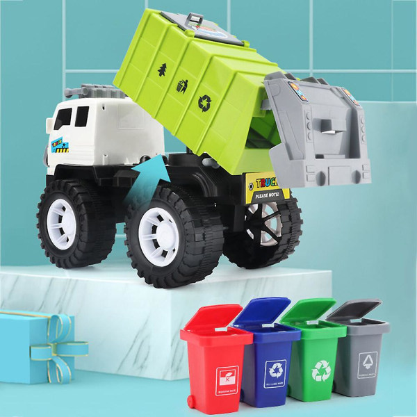 Børnebilmodel Diecast City Rengøring affaldsvogn Træk Legetøjsgave med 4 affaldsbeholdere