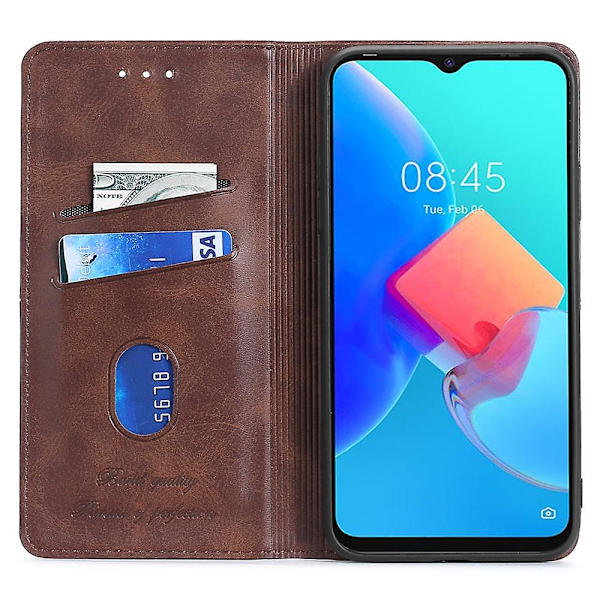 Tecno Spark 10 4G -puhelimen suojakotelo korttipaikoilla, nahkamainen pinta ja telakka - Tummanruskea Dark Brown