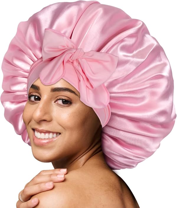 Silkehårhætte til søvn med hårbånd, silkehårhætte til krøllede lange fletninger, pink