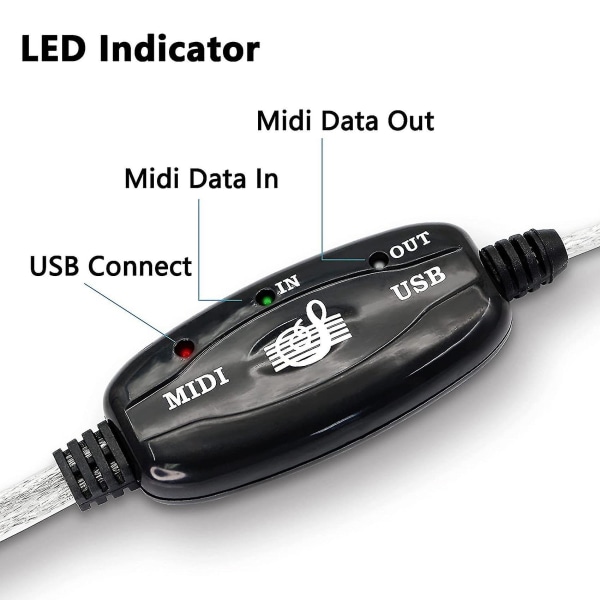 USB midi-kaapelisovitin, USB tyyppi A uros-midi-din 5-nastainen sisään-uloskaapeliliitäntä LED-ilmaisimella