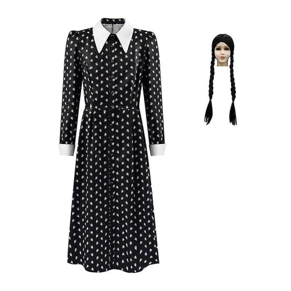 2023 New Cosdaddy Wednesday Addams Family Cosplay kostymklänning Barn Barn Flickor Svart klänning Peruk Halloween kostym T3 160