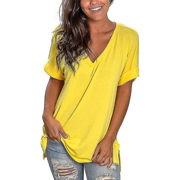 Dame T-skjorte for damer Sommeroverdeler 2022 Sommer V-hals Løs Casual Yellow S