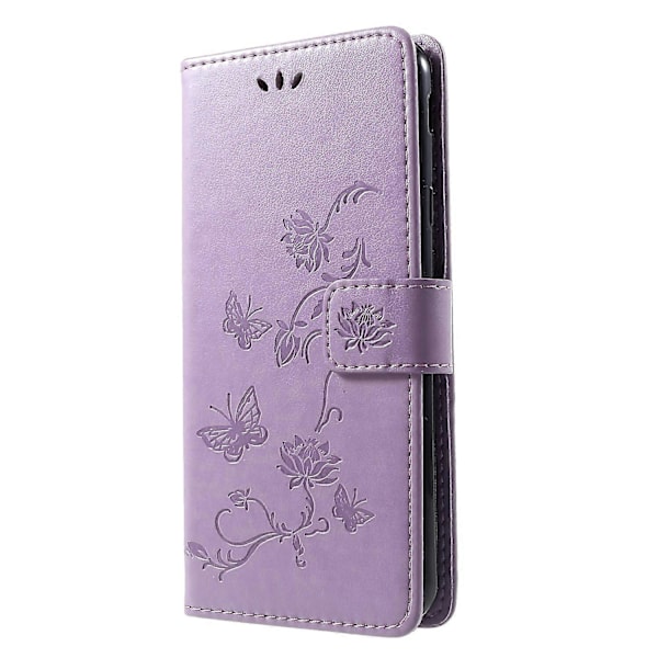 Imprint Fjärilsblommiga Plånboksfodral Stativ Läder Mobiltelefonfodral för Samsung Galaxy J4 Plus