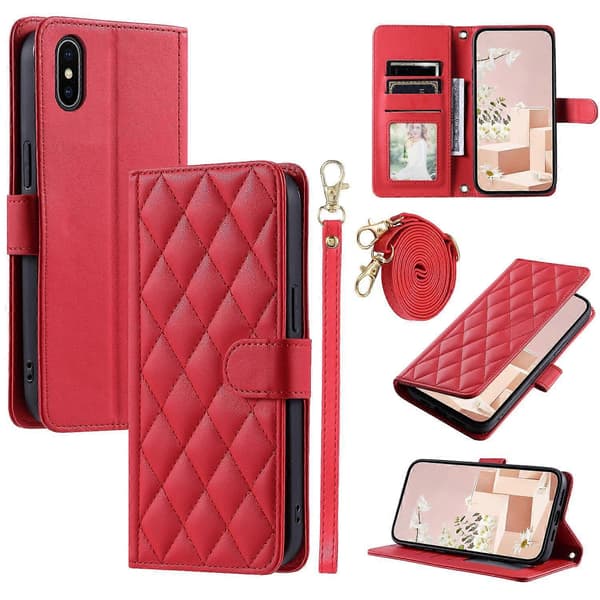 Läderplånboksfodral med remmar för iPhone XS Max, rombmönstrat telefonskal Red Red