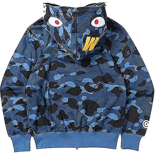 Shark Ape Bape Hoodie Camo Print Polyester Trøje Casual Løstsiddende Lynlås Hoodie Jakke Til Mænd Kvinder Dark blue M