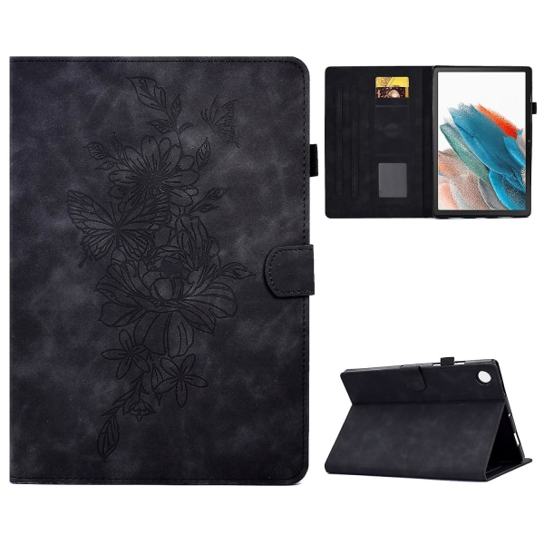 Case med fullständigt skydd för Samsung Galaxy Tab A8 10.5 (2021) X200 / X205 Butterfly Flower Pattern Printed Pu Leather Sticking Line Anti-dropp T Black