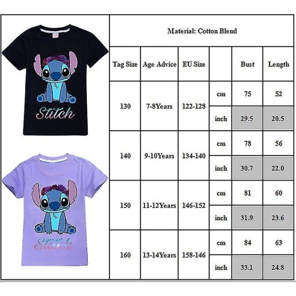 7-14 År Barn Tenåringer Gutter Jenter Lilo Og Stitch T-skjorter Trykte Sommer Topper Gaver Purple 13-14Years