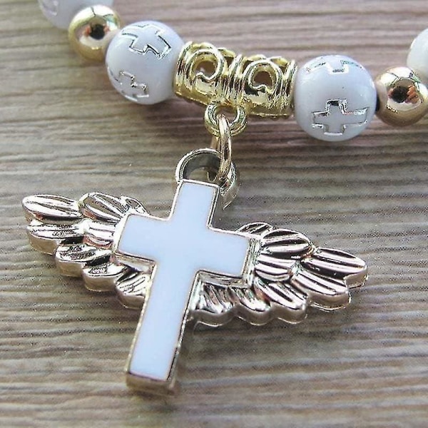 Angel Wing Cross Armband, Rosenkrans Armband För Kvinnor, Katolsk Stretch Bead Armband Dop Present-rosa