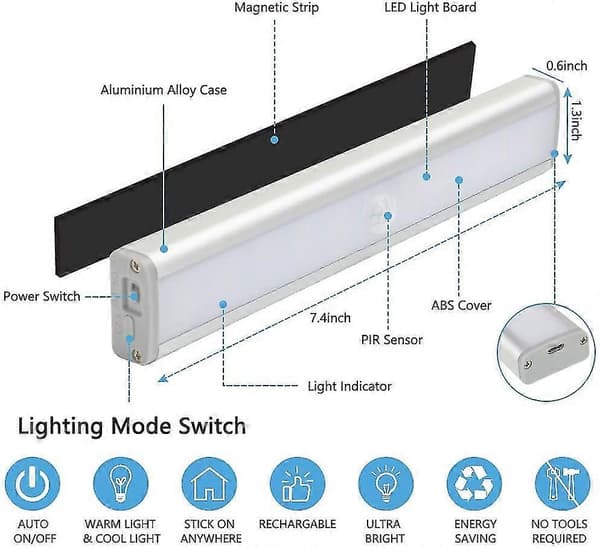 Bevegelsessensor under skaplys, 20 LED USB oppladbare under skaplys, 3 farger